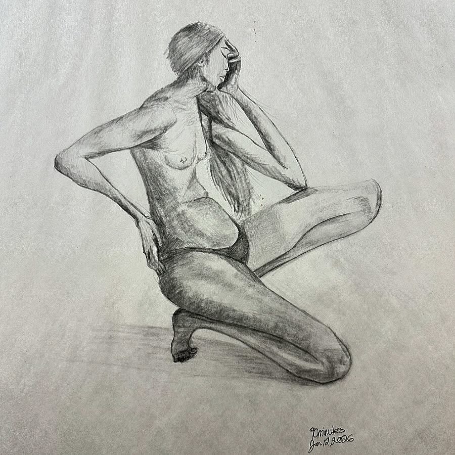 Name the emotion she could be feeling based on her body language. Top comment will be the title of this drawing&hellip;

Charcoal on news print; 90 minute sketch; completed tonight in my studio
