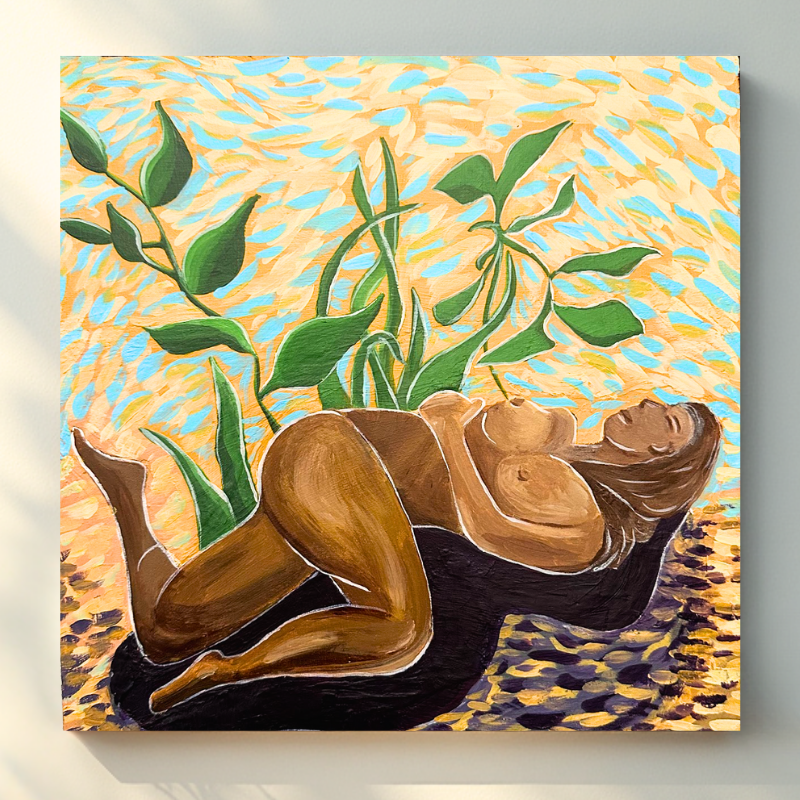 Contemporary feminist art painting of a reclining female body surrounded by green plants, reflecting the feminist art movement and embodiment