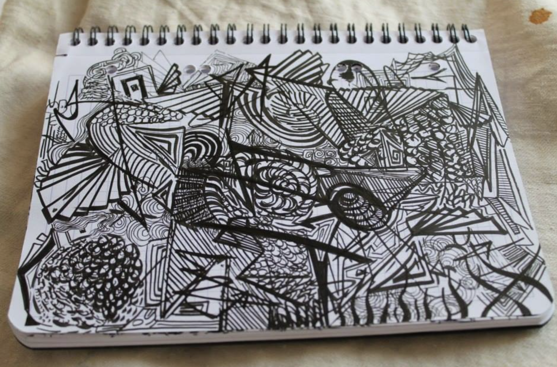 Abstract black and white pen doodle on a spiral-bound notebook page, featuring geometric shapes and intricate patterns.