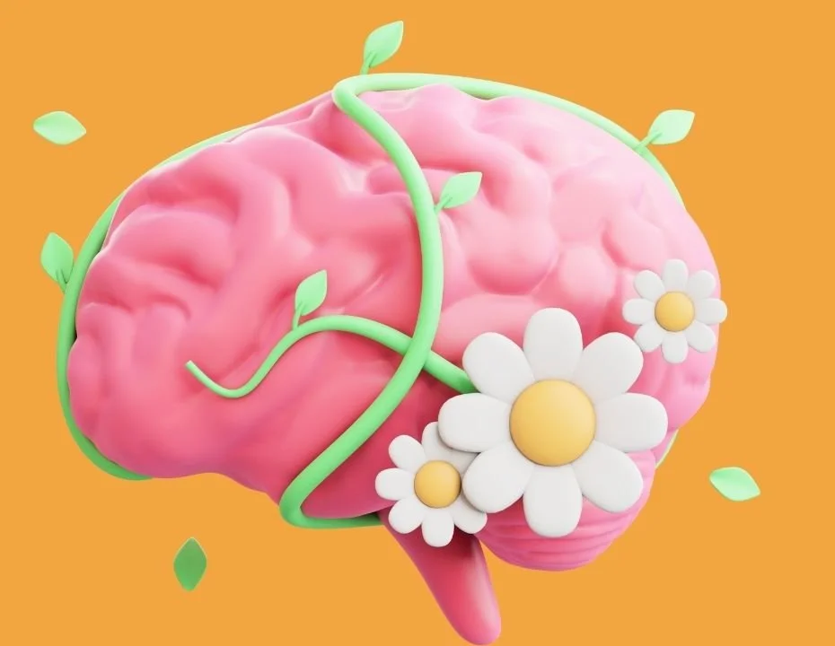 3D illustration of a pink brain wrapped in green vines and blooming white daisies on an orange background, symbolizing mental growth, positivity, and nurturing thoughts