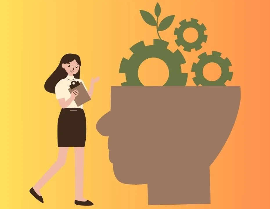 Illustration of a smiling woman holding a clipboard, standing beside a large head silhouette with green gears and a plant sprouting from them, symbolizing mental growth, development, and nurturing ideas on a yellow-to-orange gradient background.