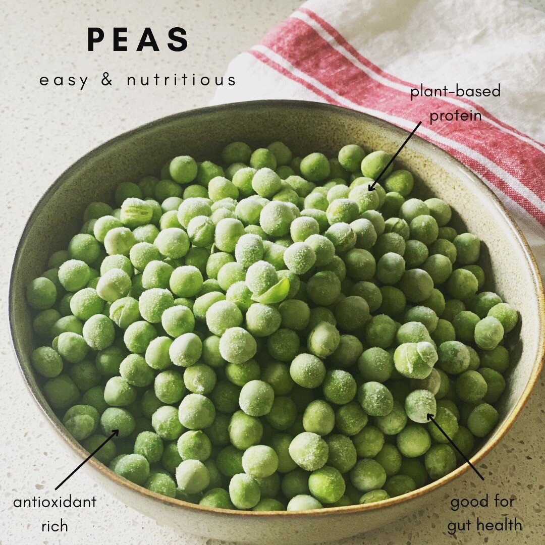 Frozen peas are packed with vitamins, minerals and antioxidants and are handy in the freezer as an excellent go-to vegetable when you have limited veggies. 

Green peas have a good source of dietary fibre and plant protein as they are part of the leg