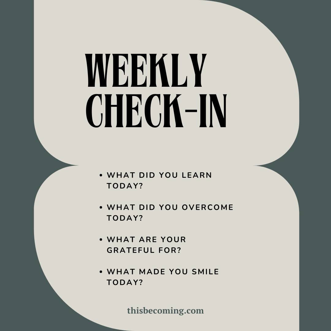 Do a weekly check-in with yourself! Reflecting on things in your life, helps you grow, understand yourself, and build coping skills. 

 #thisbecomingcounseling #counseling #therapistsofinstagram #instatherapist #mentalhealth #mentalhealthawareness #m