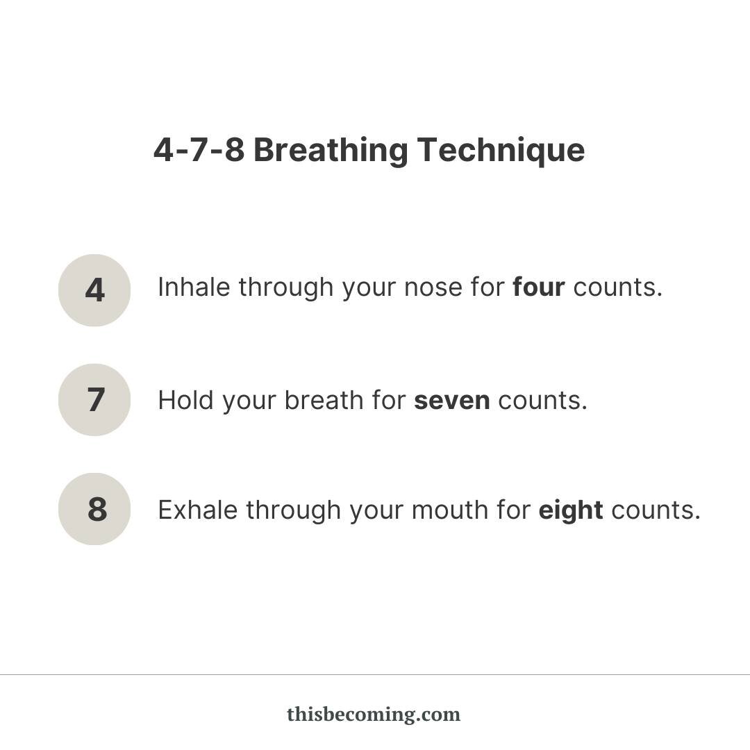 Feeling anxious or overwhelmed? Try out the 4-7-8 breathing technique! 

 #thisbecomingcounseling #counseling #therapistsofinstagram #instatherapist #mentalhealth #mentalhealthawareness #mentalhealthmatters #anxiety #stress #stressandanxiety #mentalh