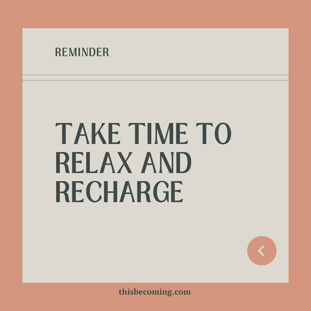 Reminder! Take time to relax and recharge! 

 #thisbecomingcounseling #counseling #therapistsofinstagram #instatherapist #mentalhealth #mentalhealthawareness #mentalhealthmatters #adhd #selfcompassion #relax #selfcare