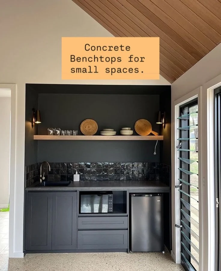 We love making concrete bench-tops for smaller projects. Think kitchenettes, outdoor kitchens, laundries, and desks. These compact spaces are the perfect chance to get creative with colour, finish, and shape. Whether it&rsquo;s a warm-toned top for a