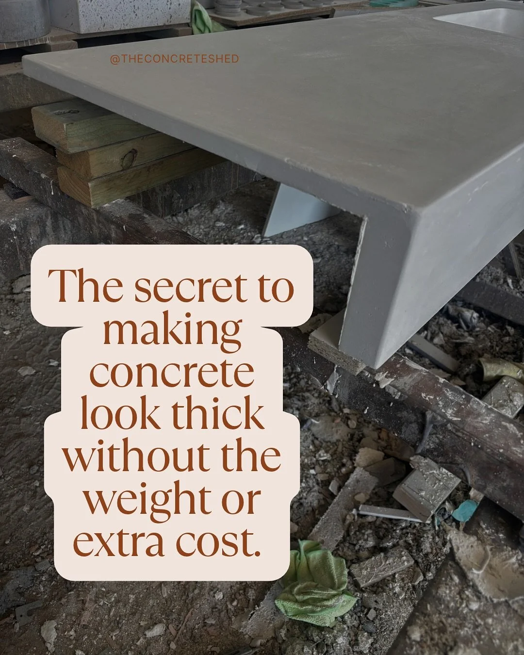 That perfectly proportioned, thick edge look without the excess weight or cost? 

This vanity features a 150mm drop front edge, a detail we often use when a piece sits between two walls. It gives the illusion of a solid slab of concrete while keeping