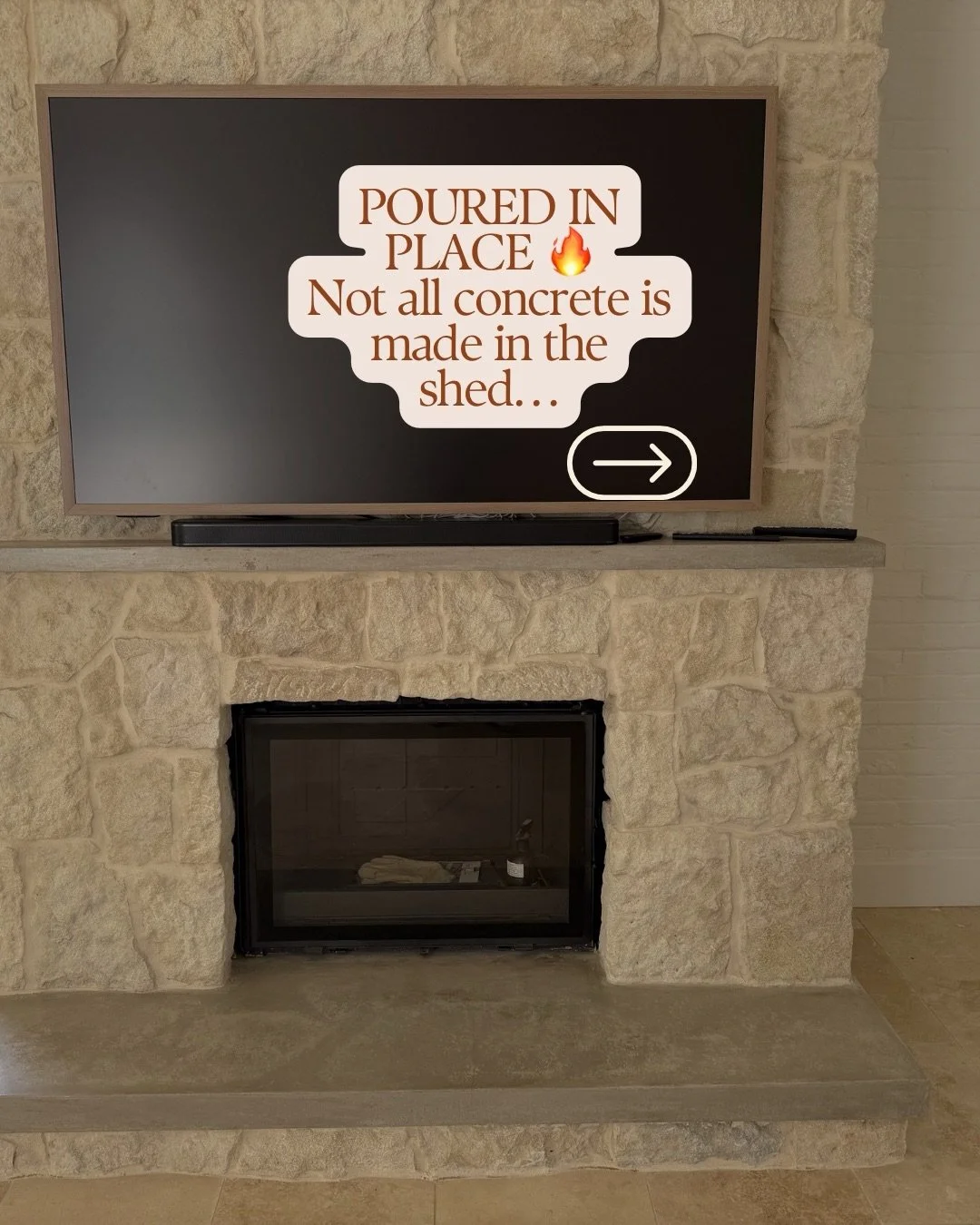 Concrete doesn&rsquo;t always start in the shed.

This fire hearth was poured in situ which means that is was formed and finished right where it lives. The pros to pouring concrete this way, is that there is no transport and no joins. It&rsquo;s desi