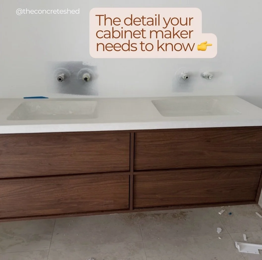 One small detail that can make a whole lot of difference to the functionality of your bathroom. 

Our integrated concrete vanities combine the benchtop and basin into one. The basin drops down approx. 105mm into the cabinetry space.

If this isn&rsqu