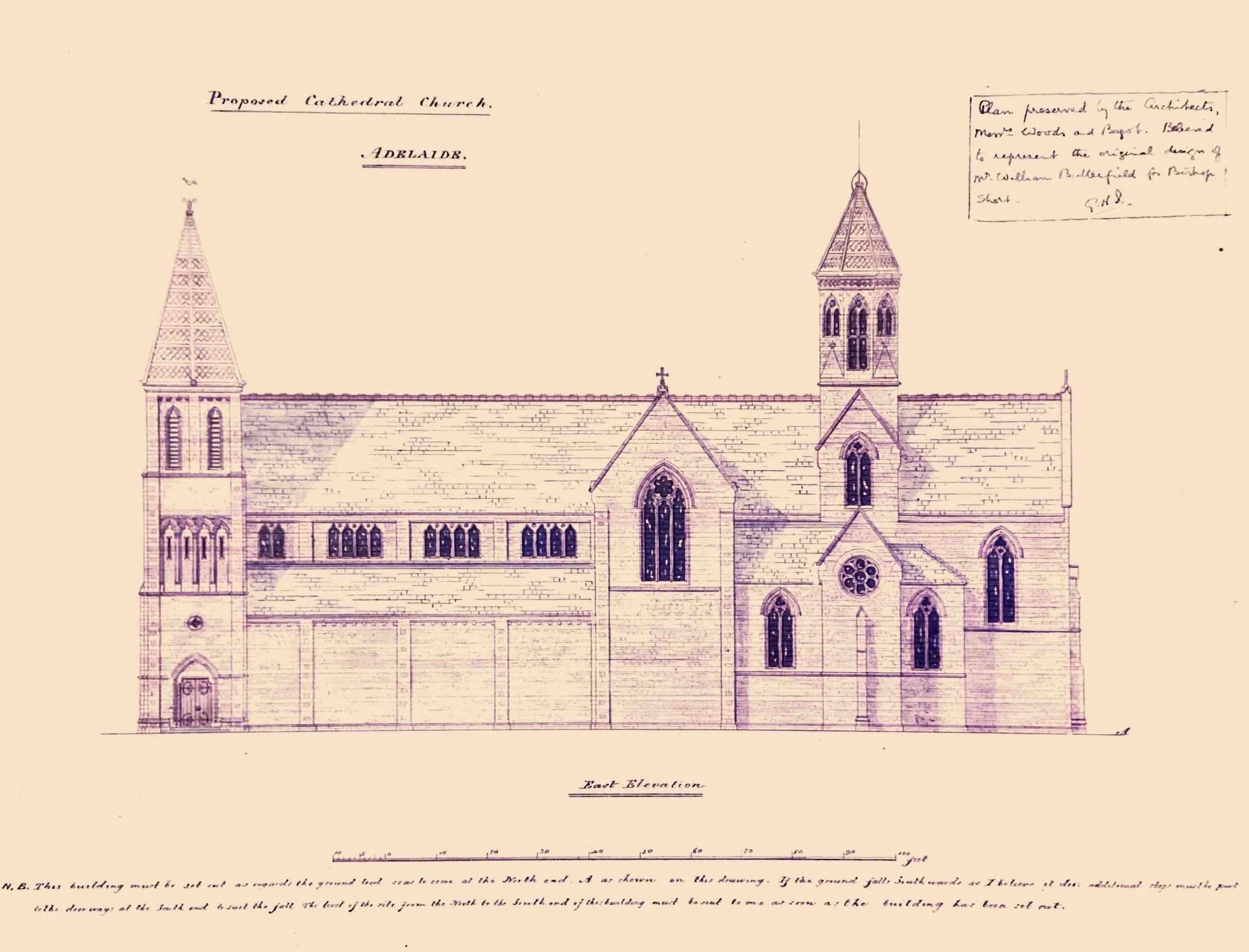 Bishop Short brought with him to Adelaide a plan for a cathedral which had been drawn up by the English architect, William Butterfield. This cathedral was expected to be in the centre of Victoria Square, however the right of the Church of England to 