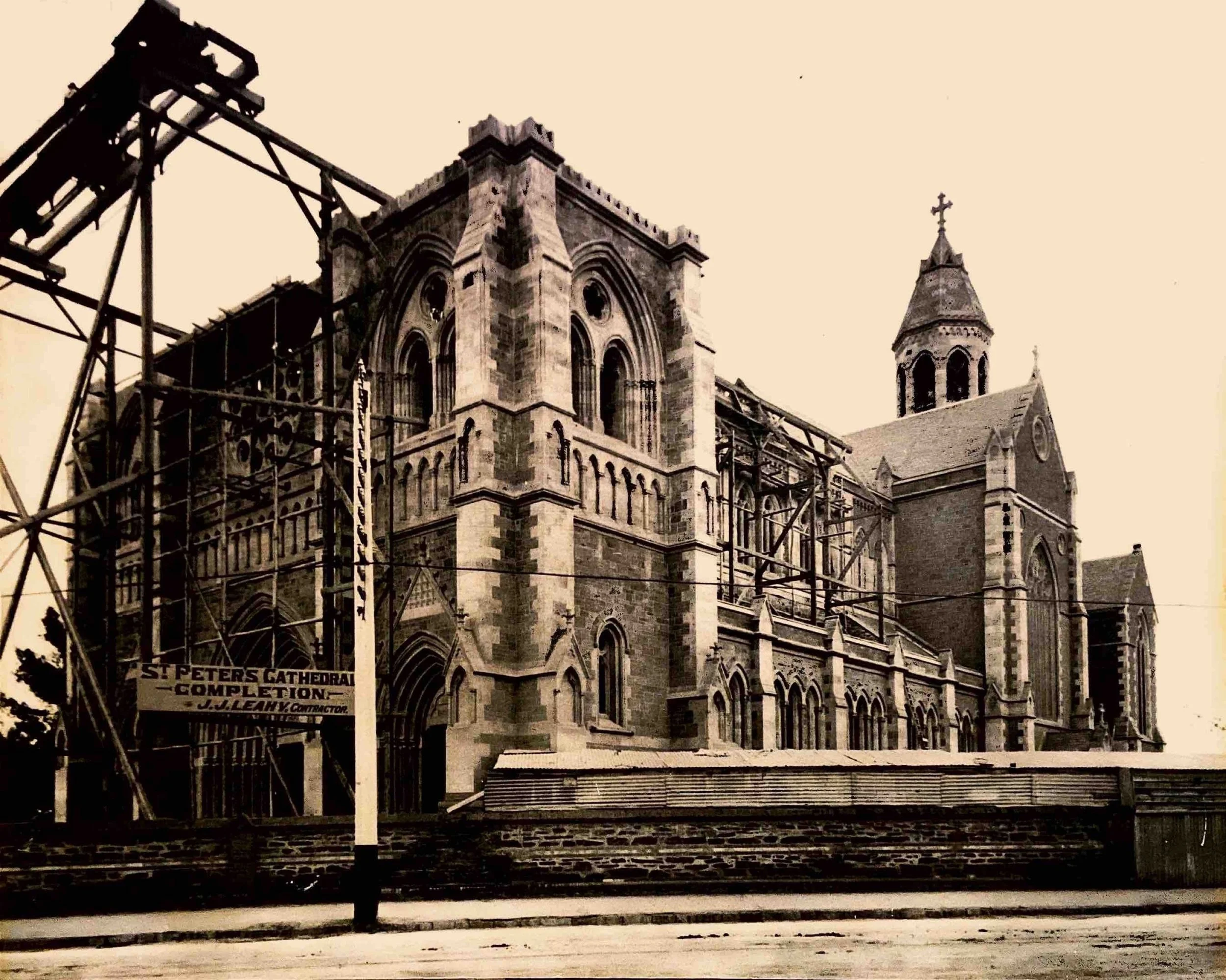 9. The Main Front circa 1899 - Work had resumed on the Nave and towers in 1890. The front of the Cathedral and the Nave extension is nearly complete, viewed from King William Road.