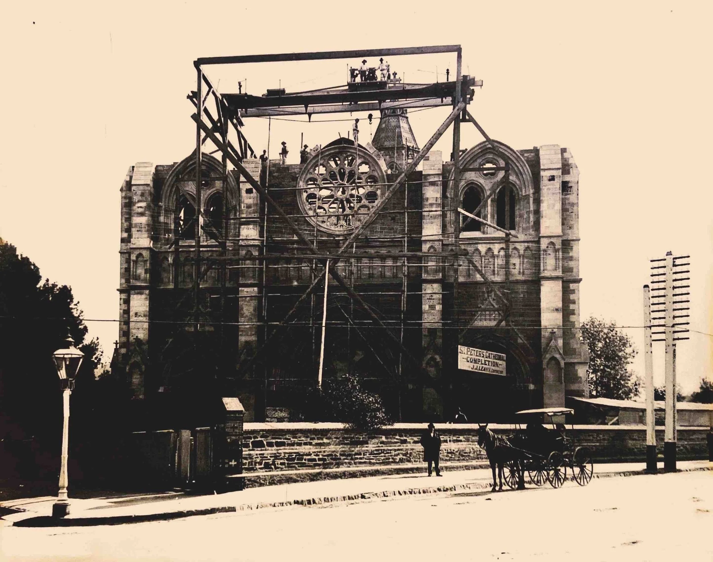 8. The Main Front 1897-1898 - The front of the cathedral under construction, viewed from the corner of King William Road and Pennington Terrace.