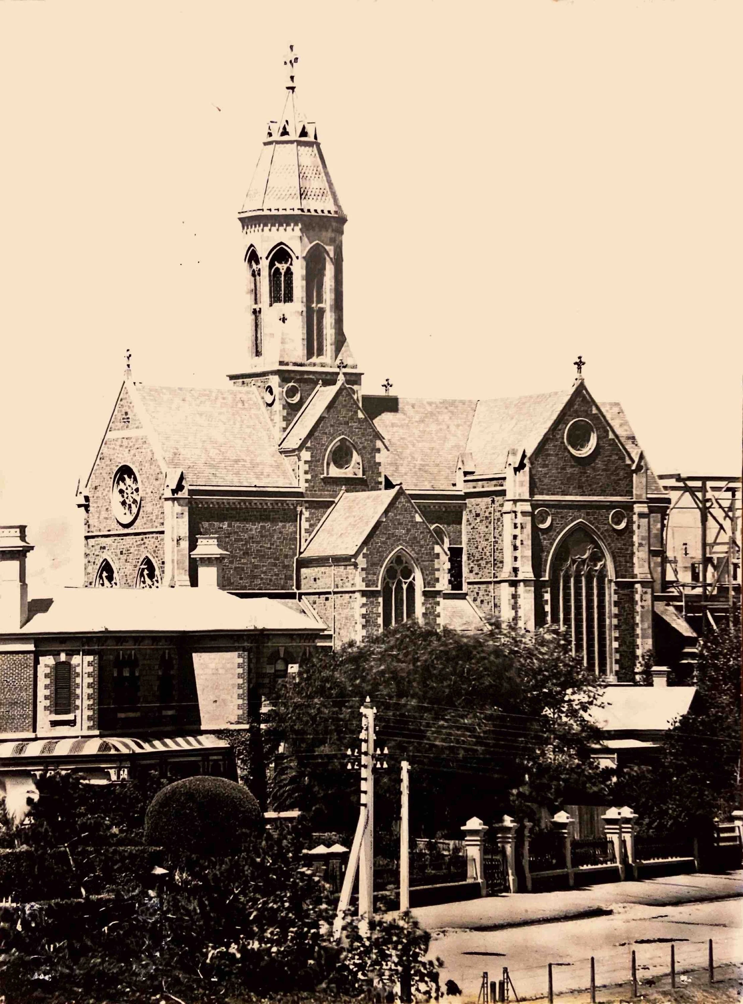 5. Southern Elevation circa 1895 - A view from Pennington Terrace of the gantry in place for the crane used for the building of the next section of the Nave. The cornerstone for the Nave and towers was laid on the 27th of September, 1890.