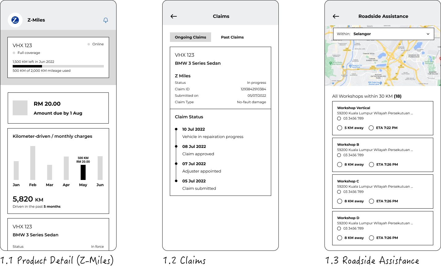 Low fidelity prototype sample of 3 screens: product detail, claims, roadside assistance