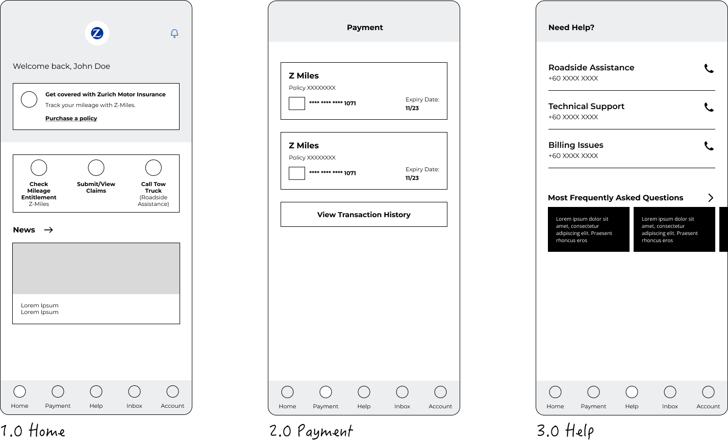 Low fidelity prototype sample of 3 screens: home, payment, help