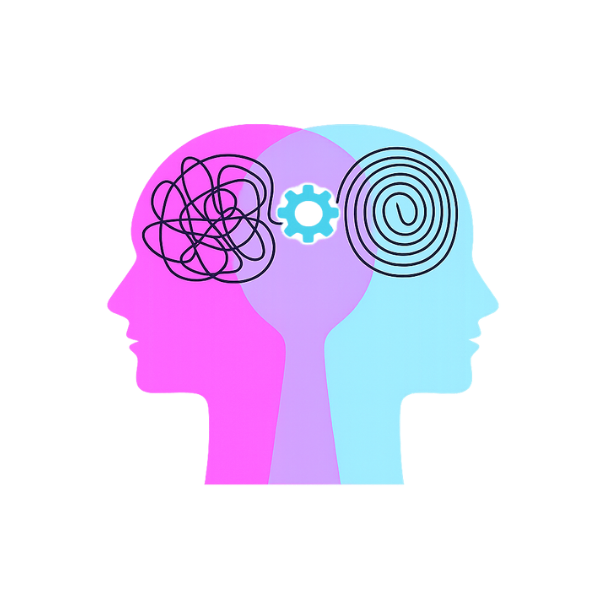Illustration of a human head split into pink and blue halves with a brain in the center, containing symbols representing confusion and spiral thinking.