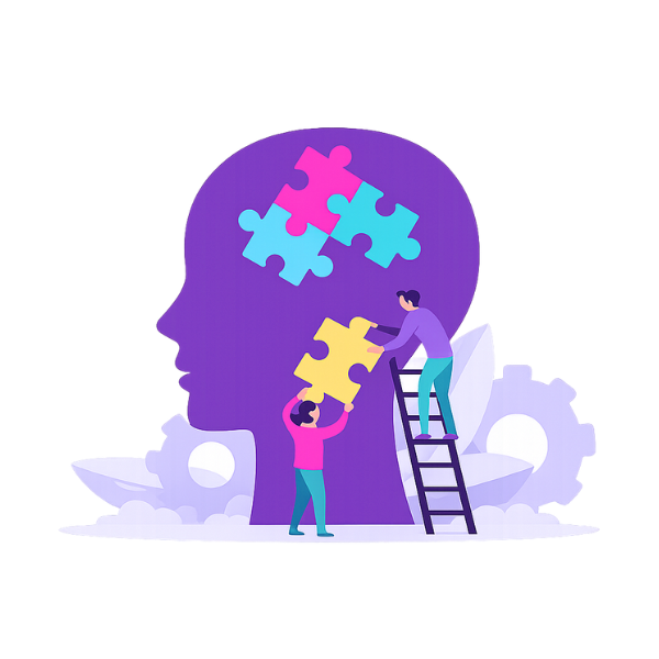 Illustration of two people placing puzzle pieces into a large human head silhouette, representing mental health or problem solving.