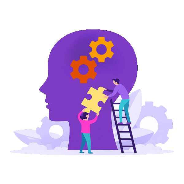 Illustration of two people working together to assemble a puzzle piece inside a human head outline, with gears in the background, symbolizing mental processes or problem-solving.