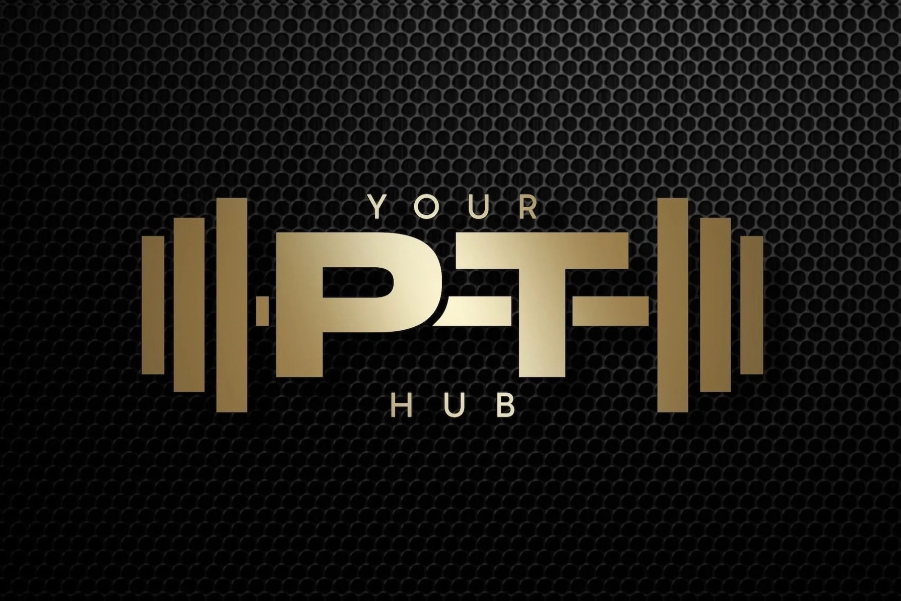 Logo for Your Pet Hub featuring black background with gold text and graphics, including dumbbells.