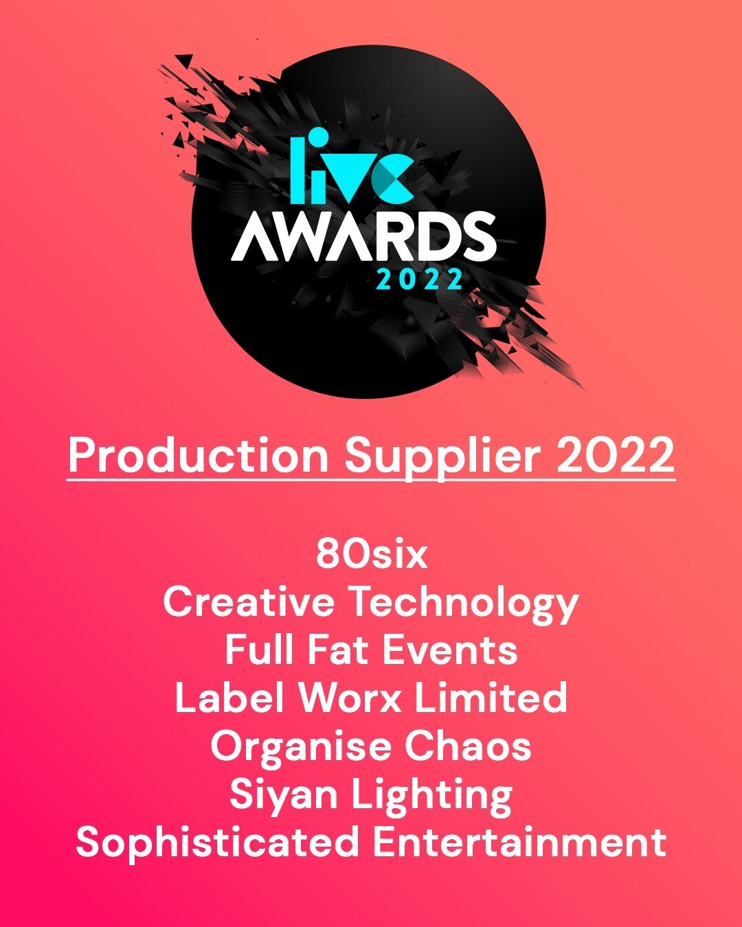 We're one of the finalists for the Production Supplier Award at this year's @theliveawards! The awards recognise excellence in the field and at the venue. We're proud to be nominated 💥