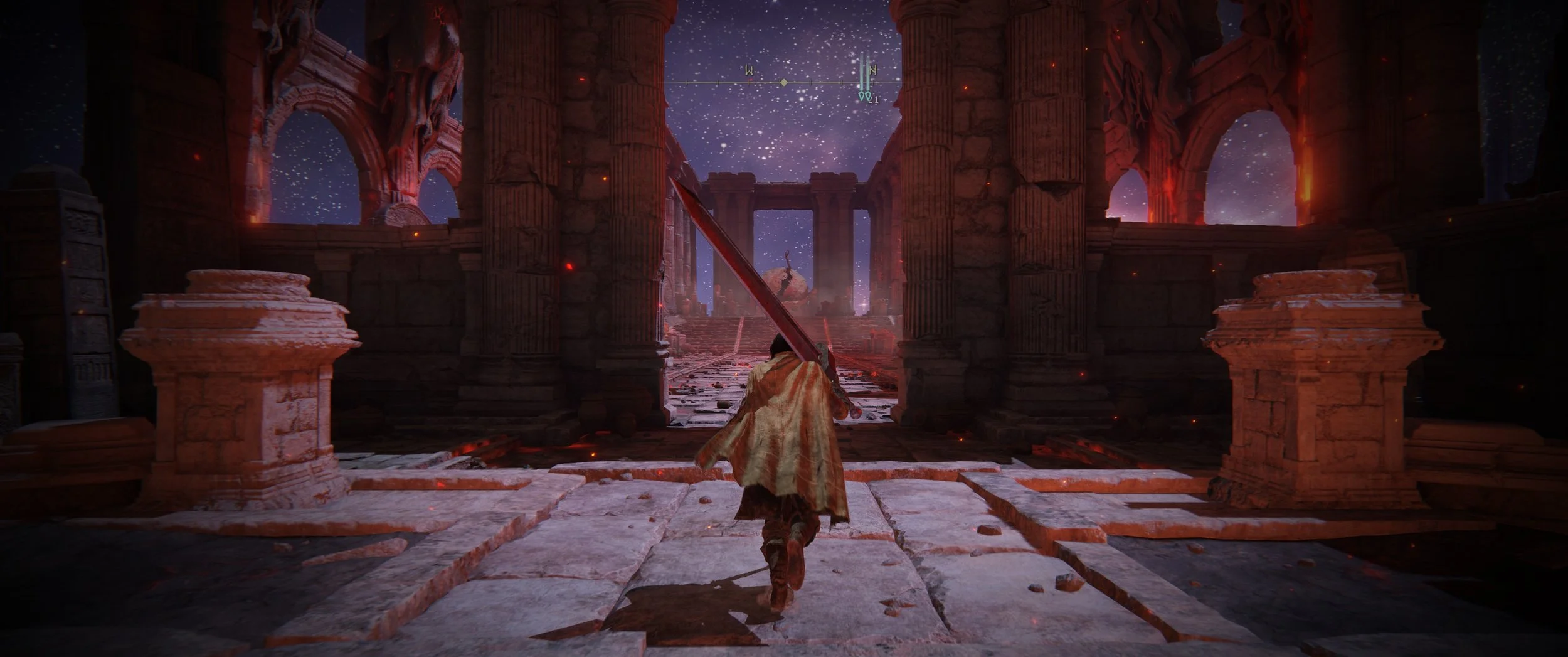 Ein Charakter mit einem großen Schwert läuft durch die Ruinen eines alten Gebäudes bei Nacht, mit einem Sternenhimmel im Hintergrund.