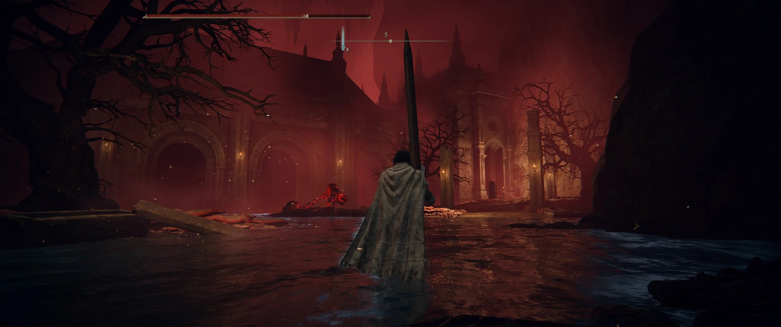 Ein Spieler in einer mittelalterlichen Rüstung hält ein großes Schwert in einer dunklen, drohenden Landschaft mit verwitterten Bäumen und einer alten, verfallenen Burg im Hintergrund, unter einem roten Himmel.