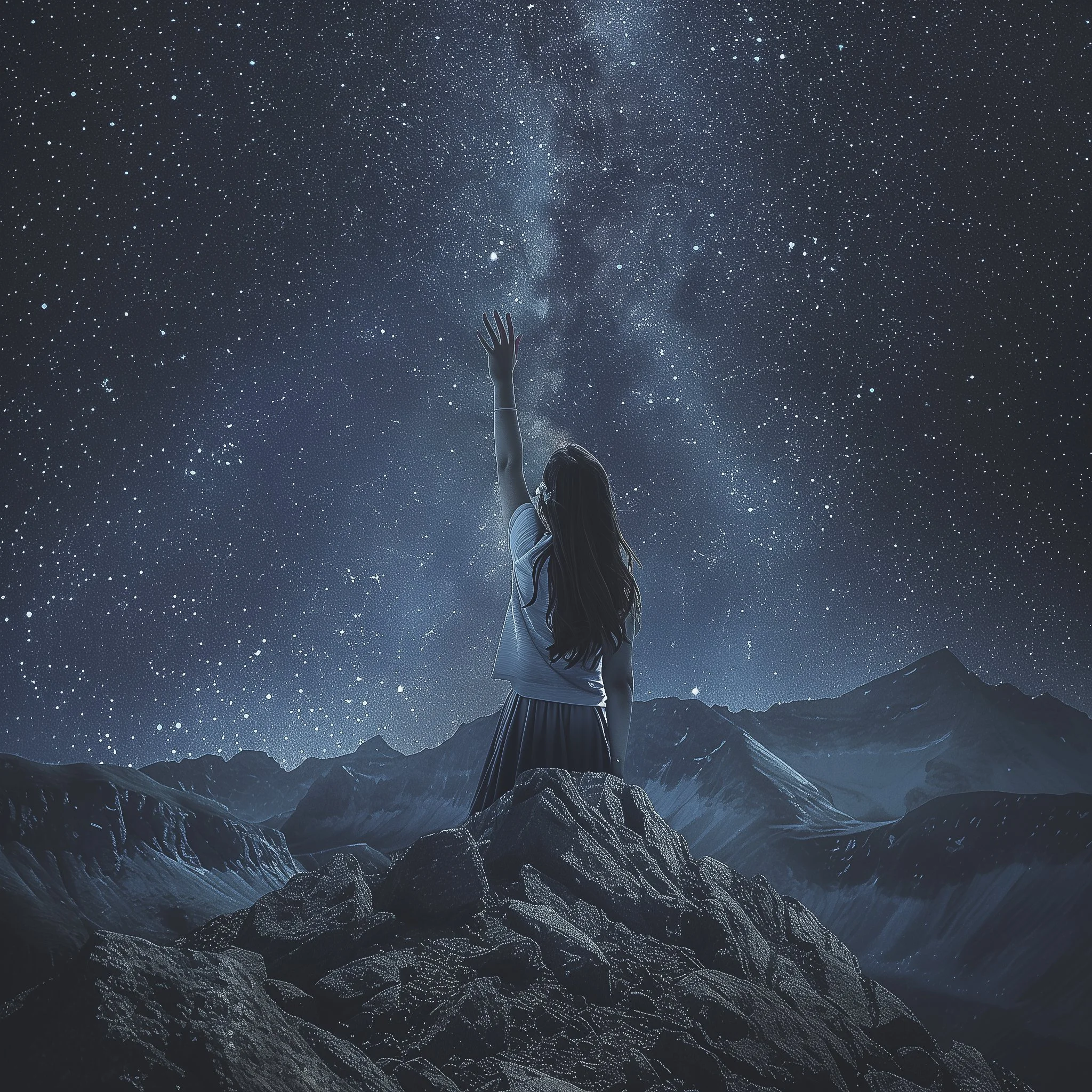 Eine Frau steht auf einem Felsen vor Bergen und streckt den Arm aus, während sie in den klaren, sternenklaren Himmel mit der Milchstraße schaut.