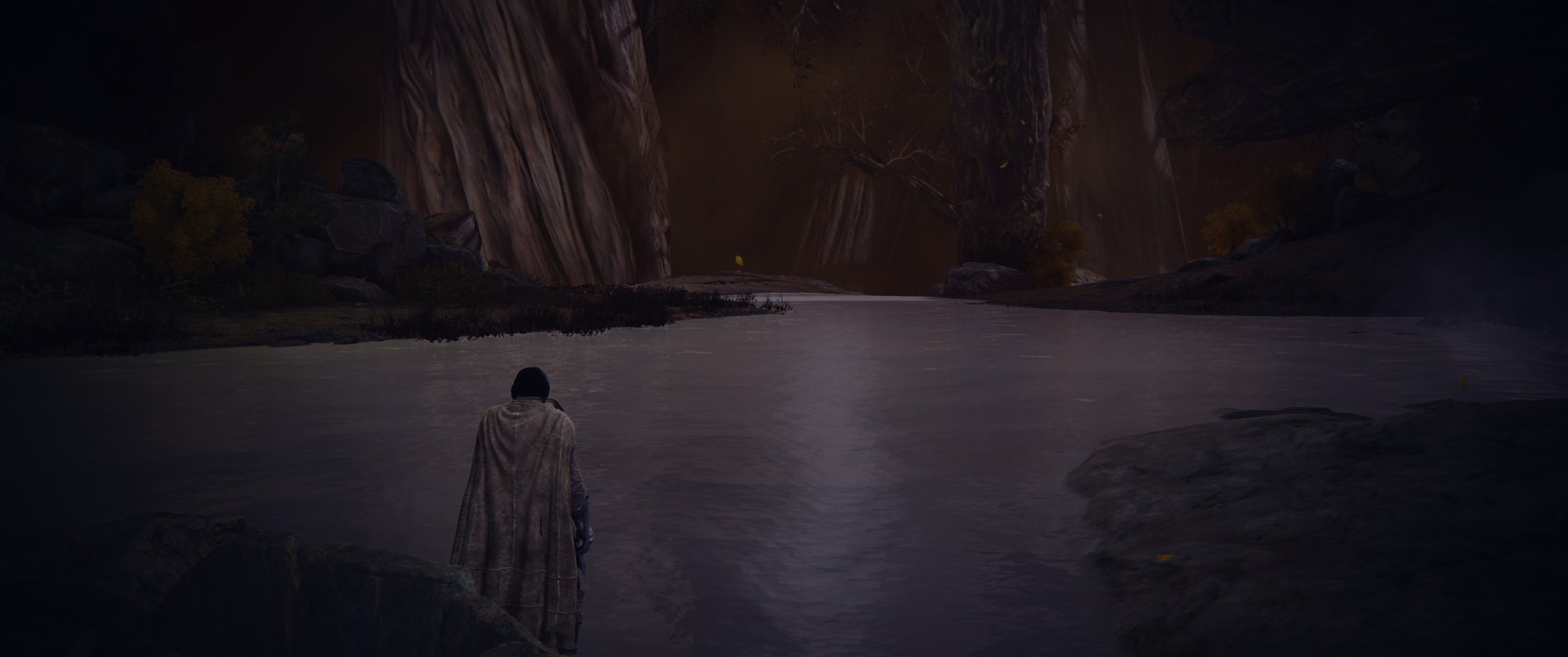 Eine Person steht an einem Flussufer in einer dunklen, künstlerisch gestalteten Naturkulisse mit steilen Klippen und Baumsträuchern, im Hintergrund ein Wasserfall bei Abenddämmerung.