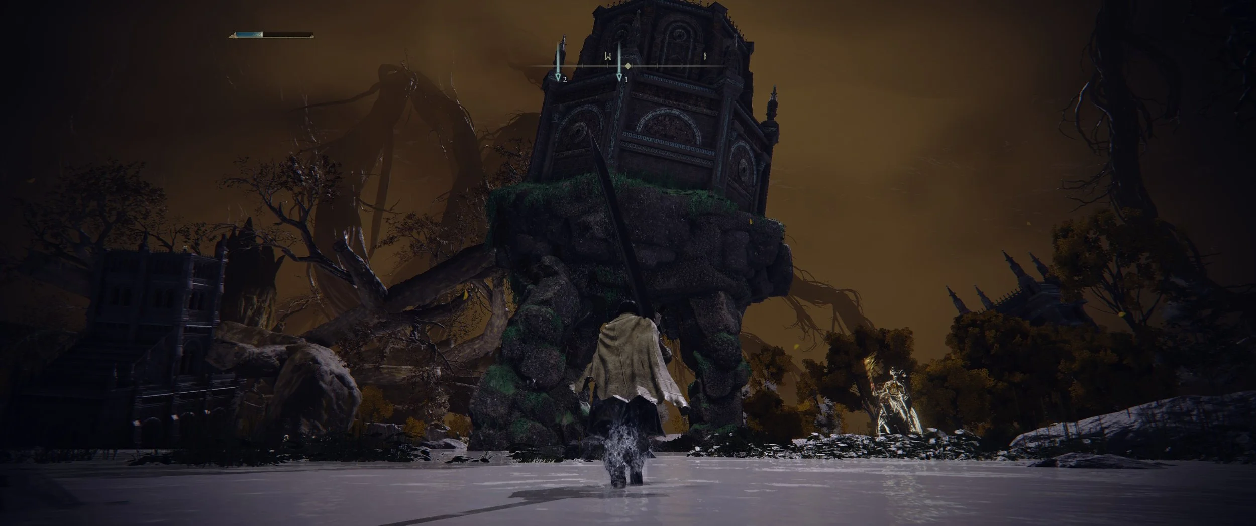 Ein Charakter in mittelalterlicher Kleidung mit einem großen Schwert steht auf einem Eissee vor einem großen, zerfallenen Turm, umgeben von düsteren, verflochtenen Bäumen in einer dunklen, mystischen Landschaft.