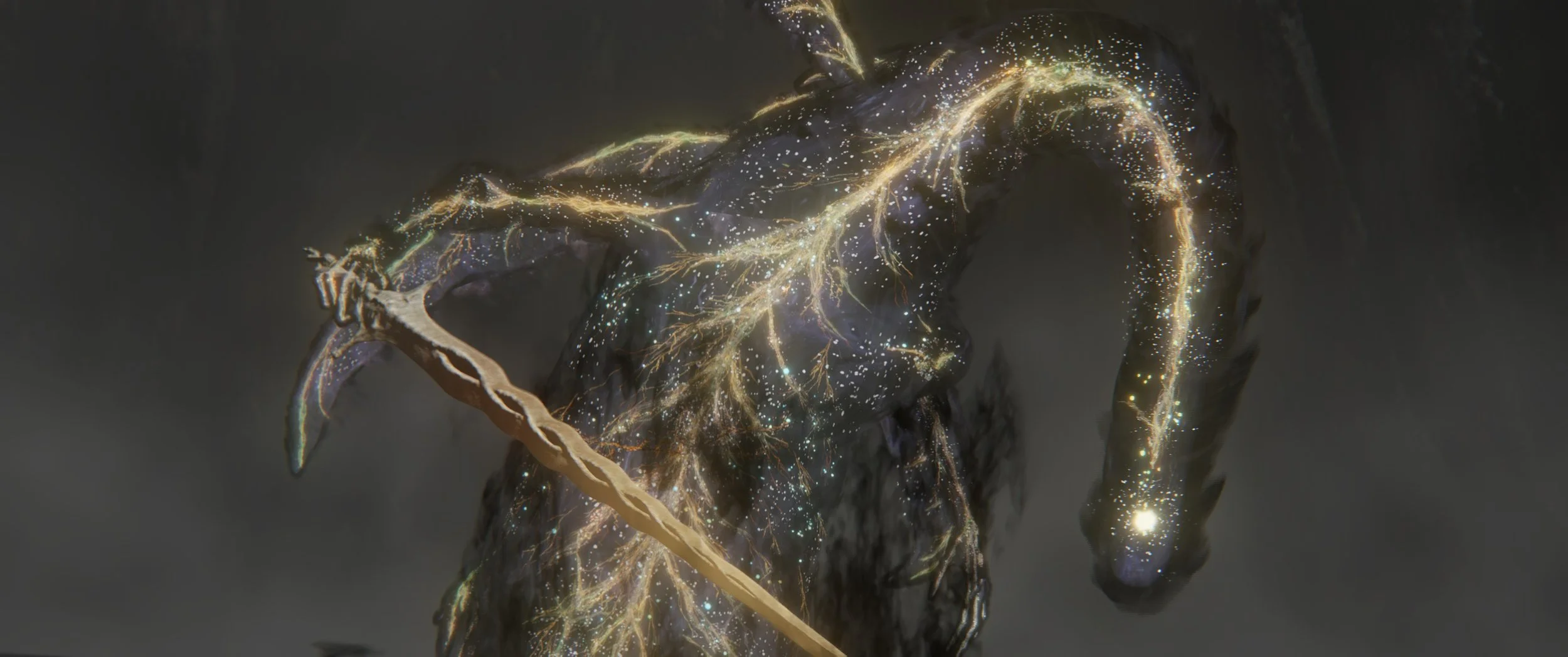 Ein dunkler, humanoider Gestalt mit leuchtenden, glitzernden Linien und Sternen, die wie elektrische Entladungen aussehen, hält einen Stab in der Hand.