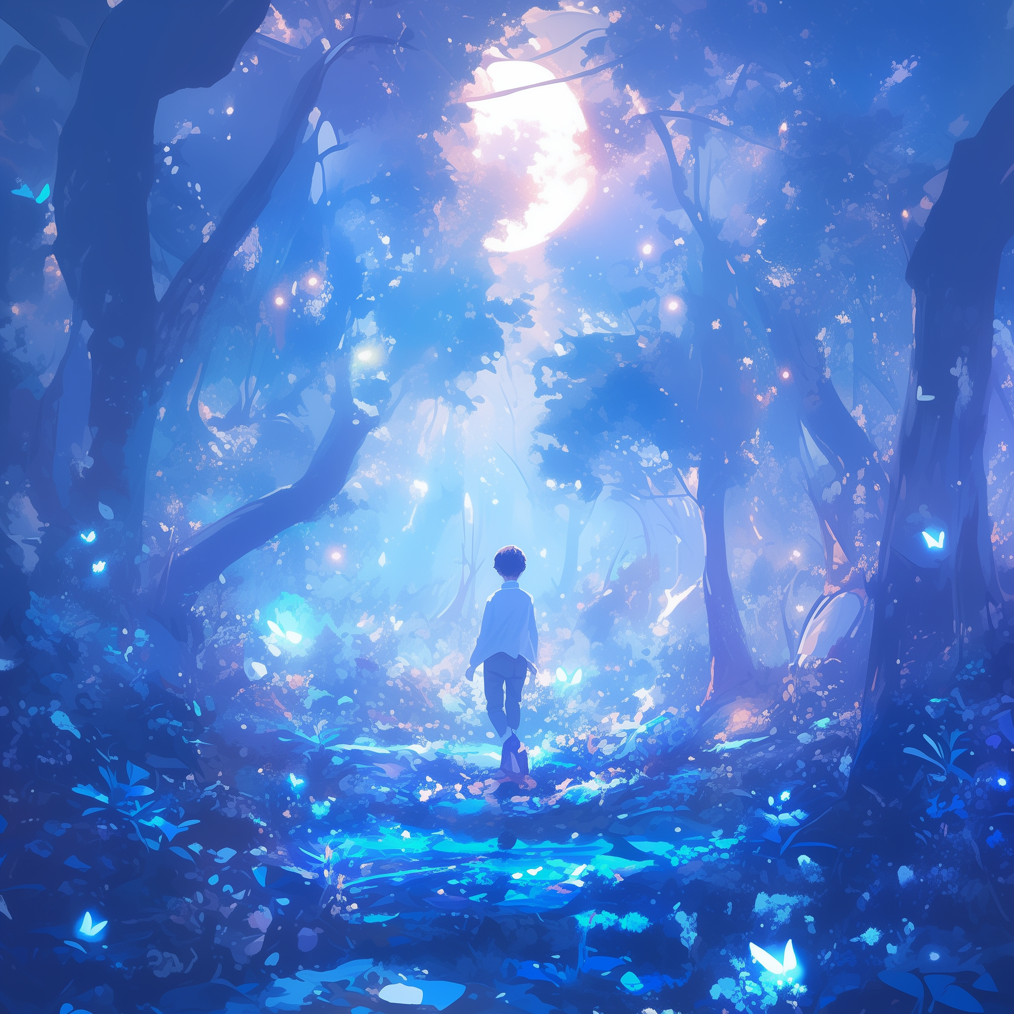 Mädchen geht durch einen magischen, leuchtenden Wald bei Vollmond, umgeben von fliegenden Glühwürmchen und Schmetterlingen in einem blauen Farbton.