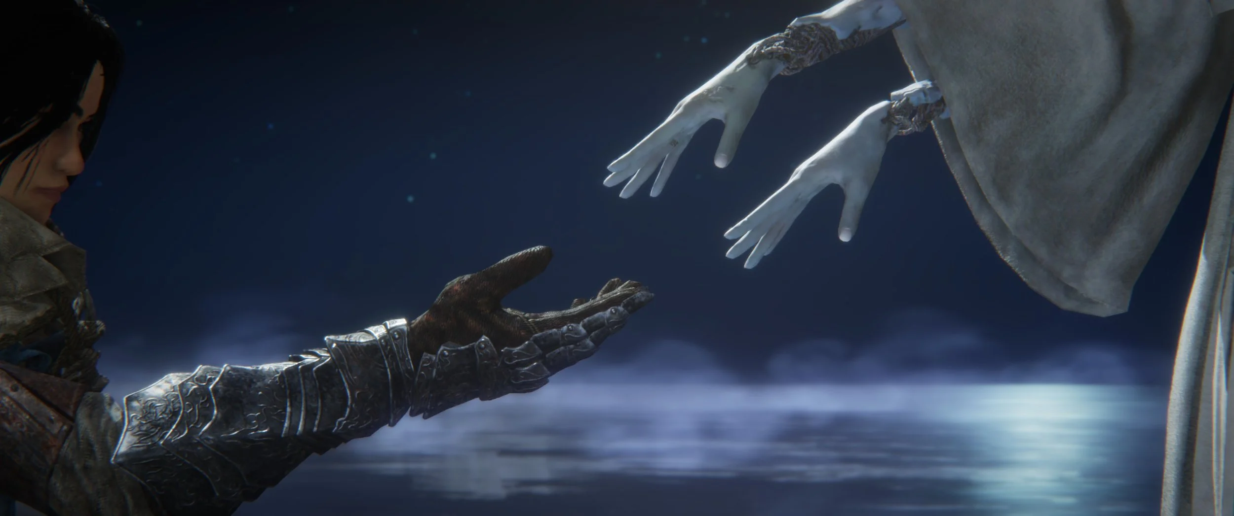 Zwei Personen reichen sich gegenseitig die Hand, eine links trägt eine dunkle, metallische Rüstung, die andere rechts trägt eine graue Kleidung.