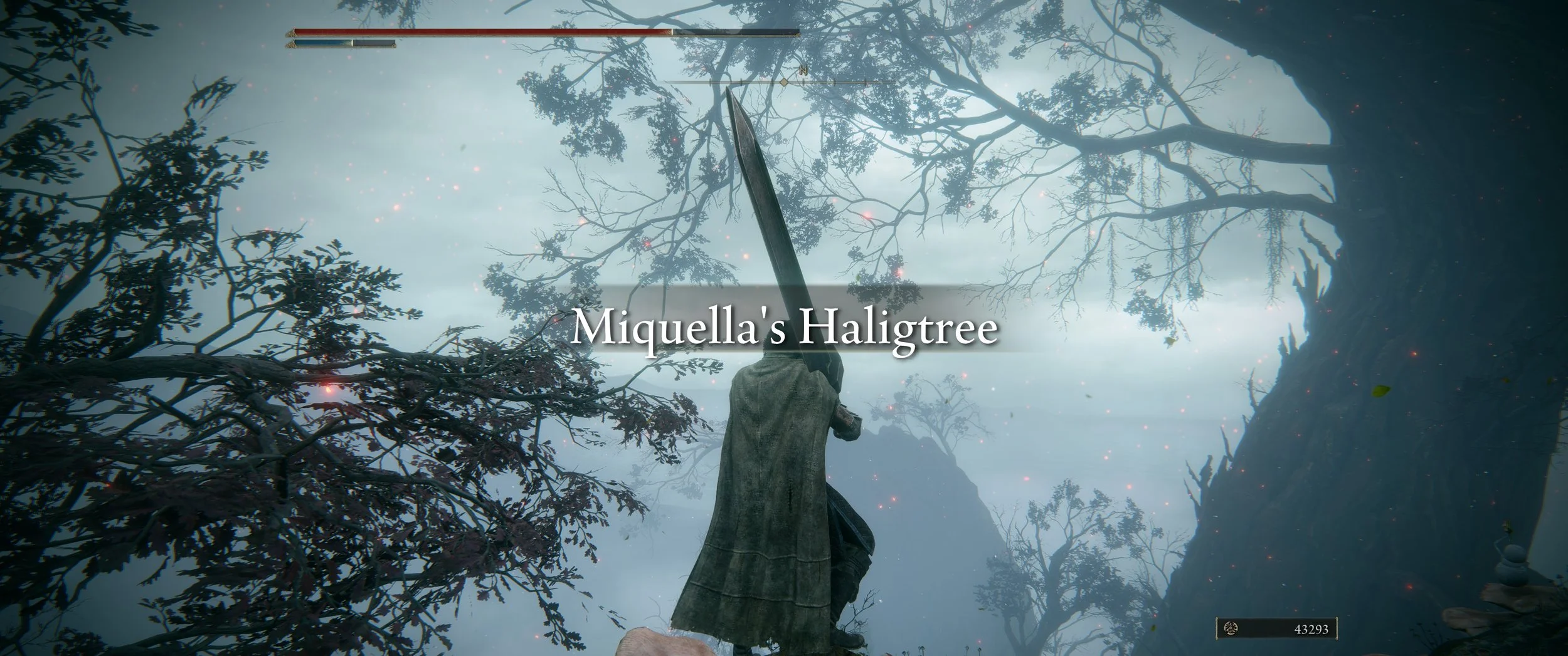 Ein Charakter hält ein großes Schwert vor einem bewaldeten, nebligen Himmel. Der Text 'Miquella's Haligtree' erscheint in der Mitte des Bildschirms.