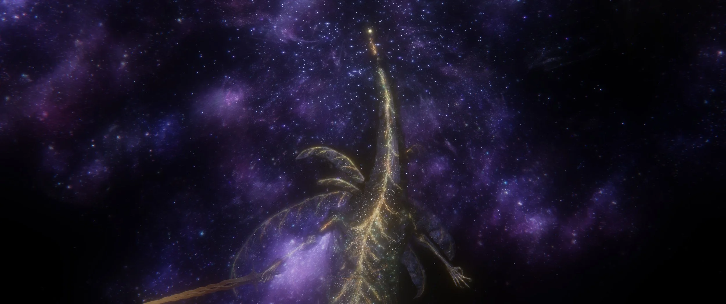 Ein fantasievolles, leuchtendes Bild eines asiatischen Drachen, der im Weltraum schwebt, umgeben von Sternen und kosmischen Wolken in violett, blau und gold.