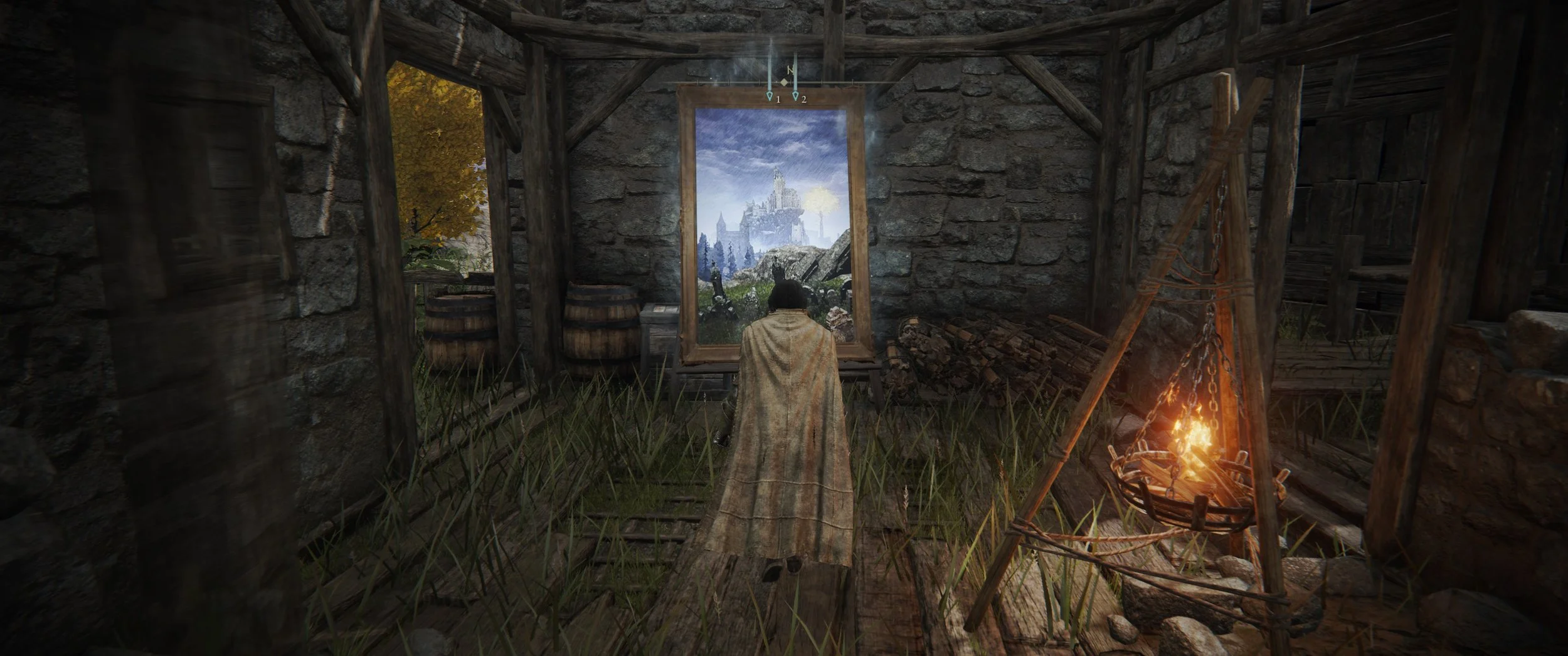 Ein Spielfeld mit einer Figur, die vor einem Gemälde eines Schlosses steht, in einer Holzhütte mit Feuer im Lagerfeuer an der Seite.