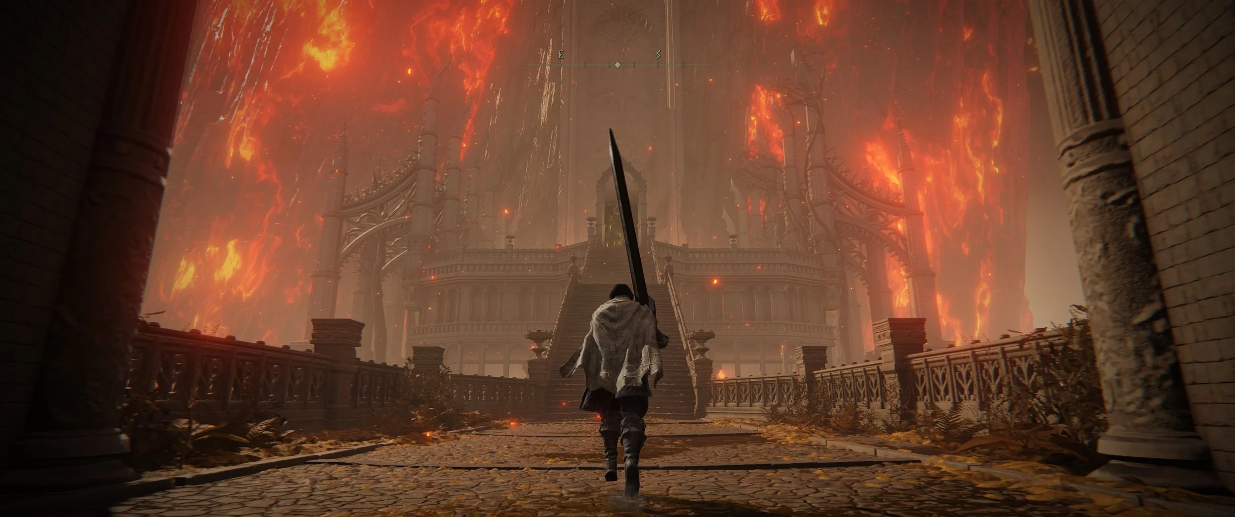 Eine Figur mit einem Schwert läuft auf eine brennende, zerstörte Stadt zu. Im Hintergrund flammenn die Gebäude und es herrscht eine düstere Atmosphäre.