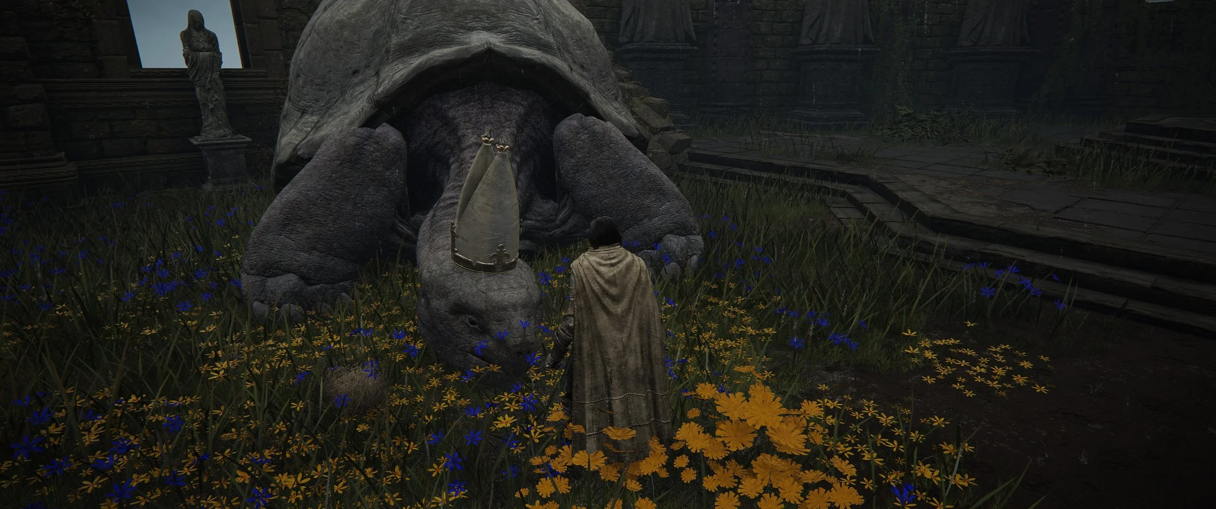 Ein Videospielcharakter steht vor einem großen, schildkrötenähnlichen Monster in einer dunklen Ruinenumgebung mit Statuen, blauen und gelben Blumen im Vordergrund.