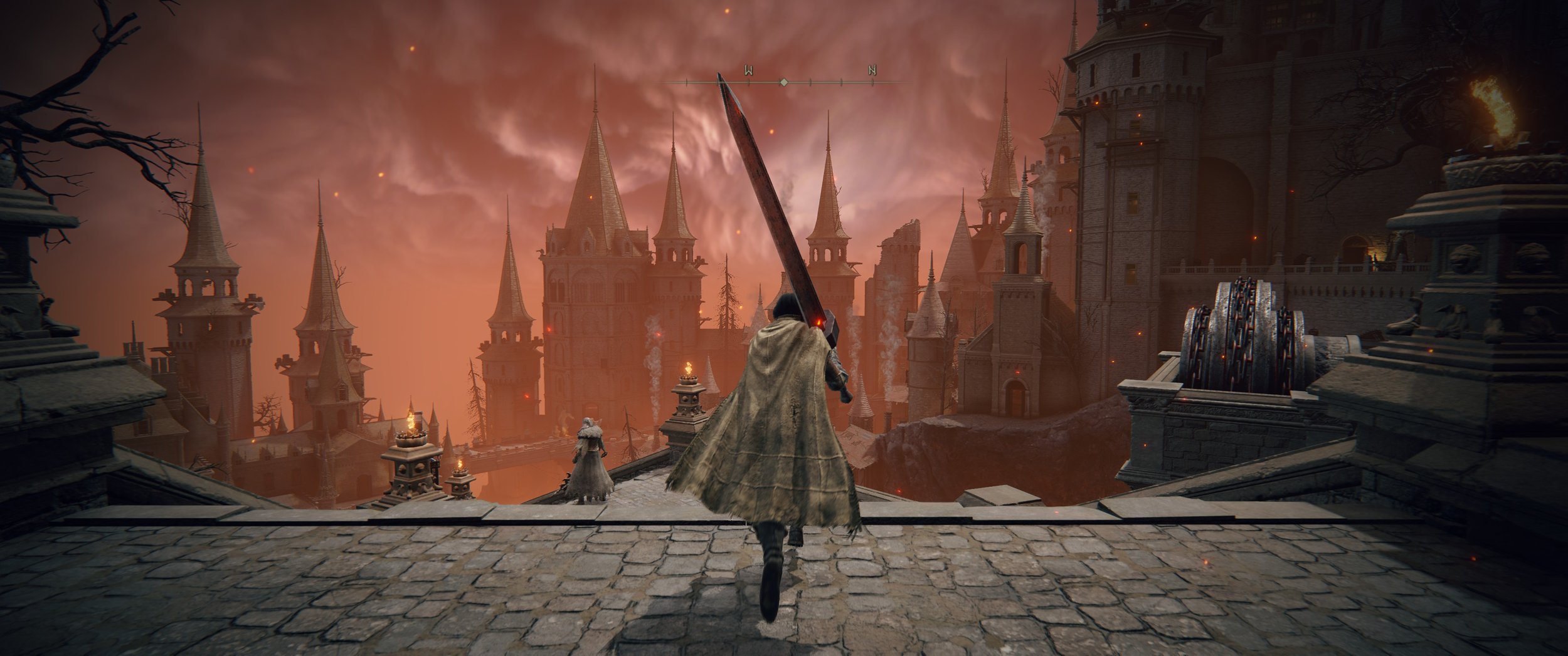 Ein character aus einem Fantasy-Videospiel läuft auf einem alten Schlossdach mit einem großen Schwert in der Hand, im Hintergrund explodierende Gebäude und ein düsterer Himmel.