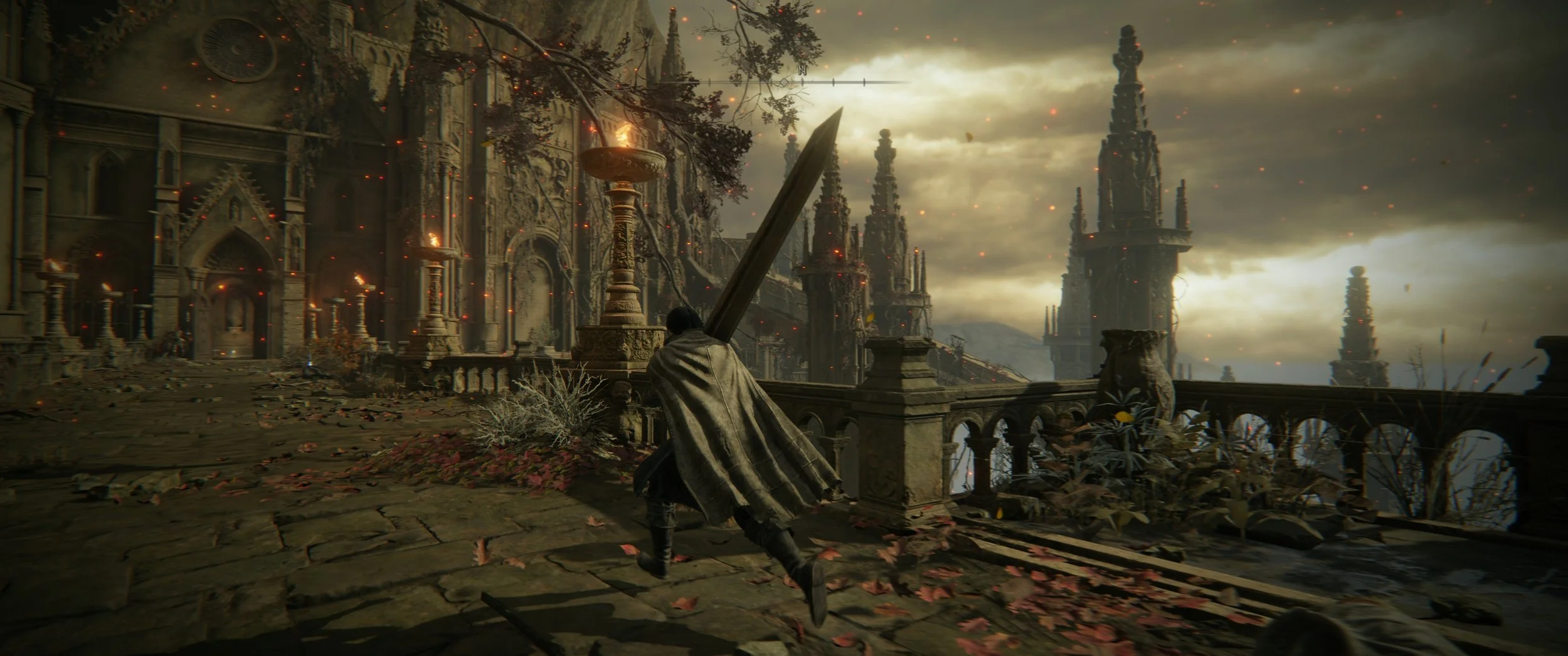 Ein Ritter in einem kaputten, gotischen Schloss mit großen Türmen, im Hintergrund ein stürmischer Himmel mit dunklen Wolken und fliegenden Feuerfunken, während der Ritter mit einem großen Schwert in der Hand in Vorwärtsbewegung ist.