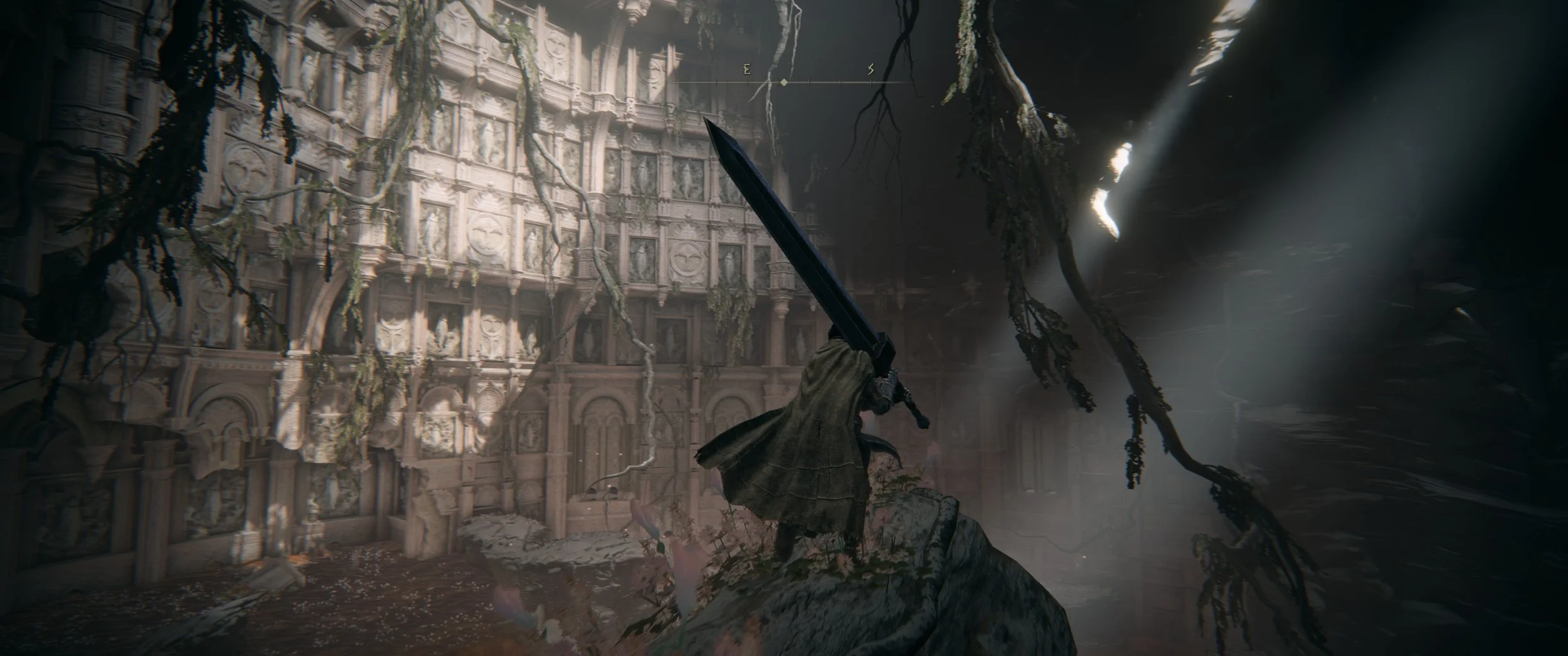 Ein Charakter mit schwarzem Schwert steht auf einem Felsen vor einer alten, zerfallenen Stadt im Inneren eines dunklen Höhlensystems, umgeben von hängenden Ranken und Libellen.