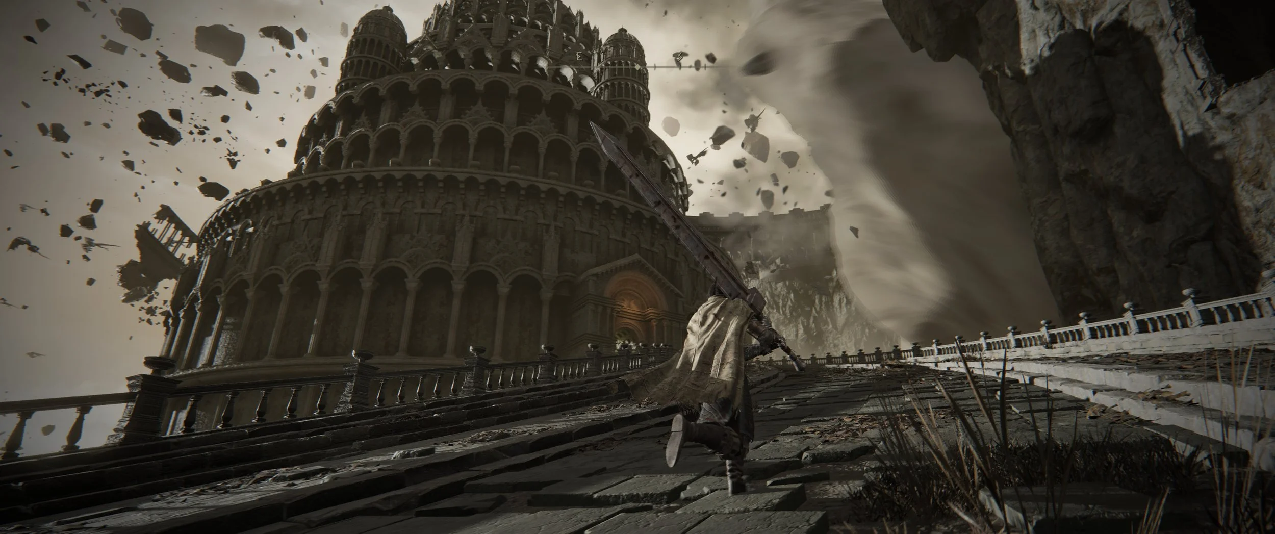 Eine Figur läuft auf einer zerstörten Treppe vor einem großen, historischen Gebäude im Stil des Hoch- oder Romanik, während Steine und Trümmer in der Luft herumfliegen und dunkle Wolken im Himmel hängen.