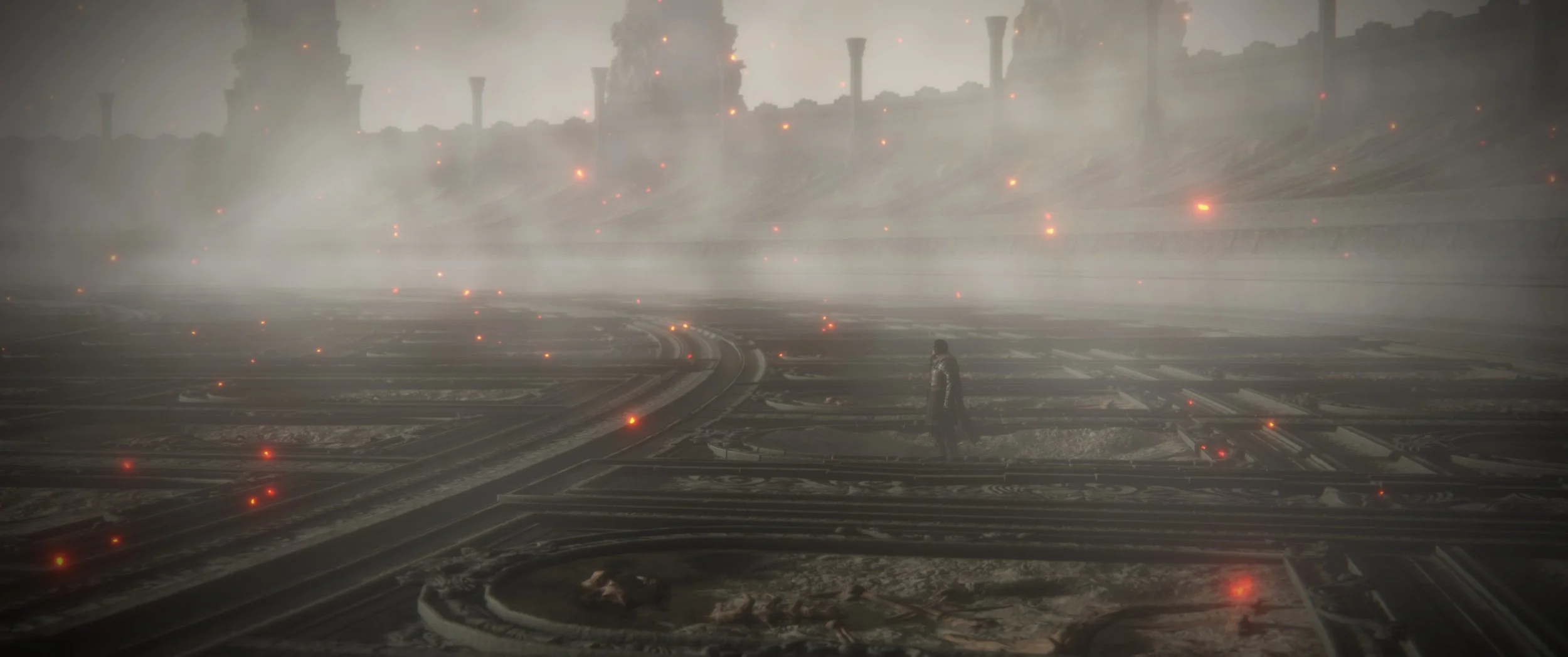 Ein einzelner Mensch steht auf einer futuristischen, düsteren Straße bei Nebel, während im Hintergrund eine große, antike Stadt mit hohen Türmen und Skulpturen zu sehen ist.