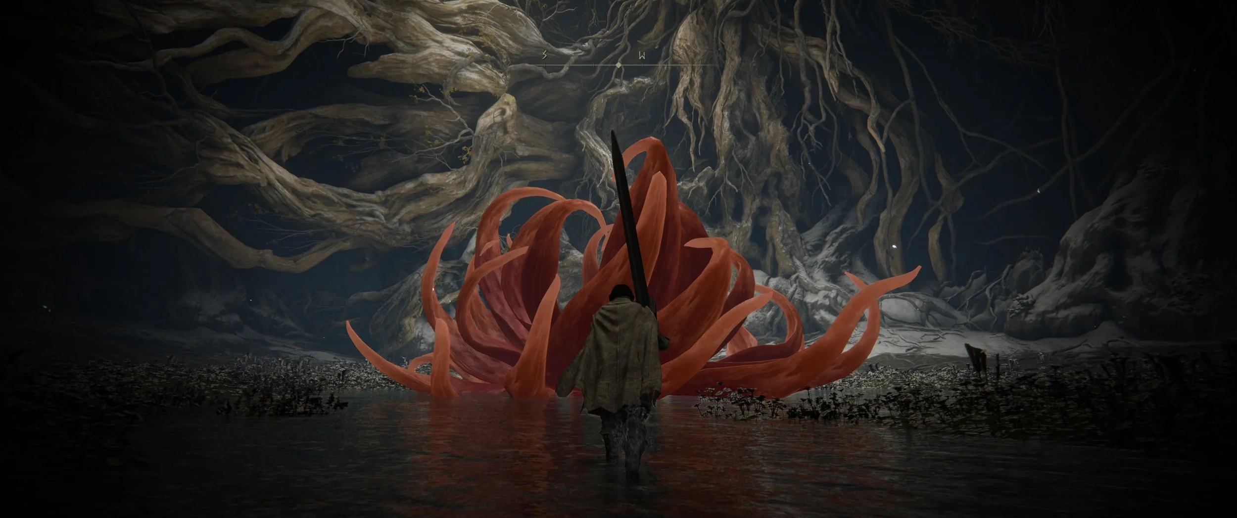 Eine dunkle Szenerie mit einer mystischen, großen roten Blume im Wasser, vor der ein Mensch steht, der ein riesiges Schwert hält. Im Hintergrund sind verworrene Baumwurzeln an einer Wand.