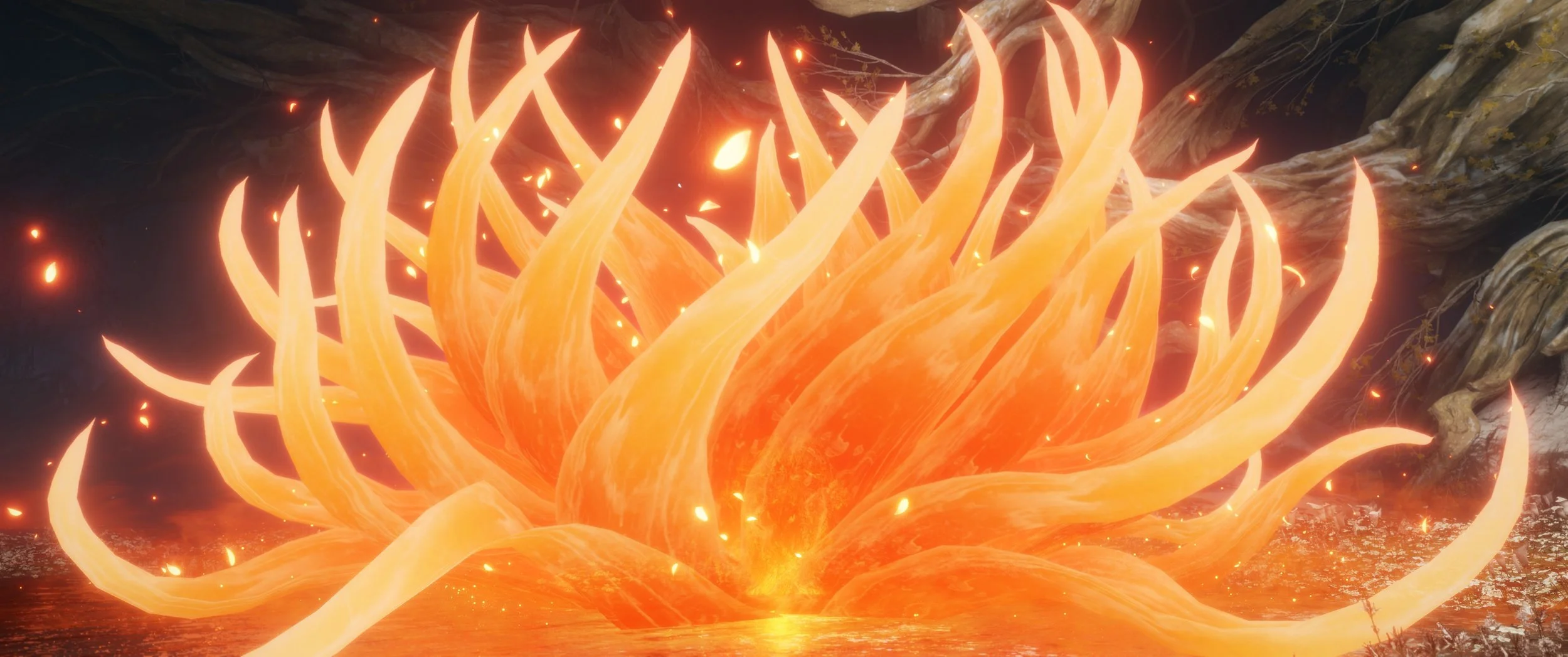 Eine riesige, leuchtend orange, pflanzenähnliche Kreatur mit langen, geschwungenen Tentakeln, die aus einem Wasserbecken aufsteigt, im Hintergrund eine dunkle, bewaldete Landschaft.