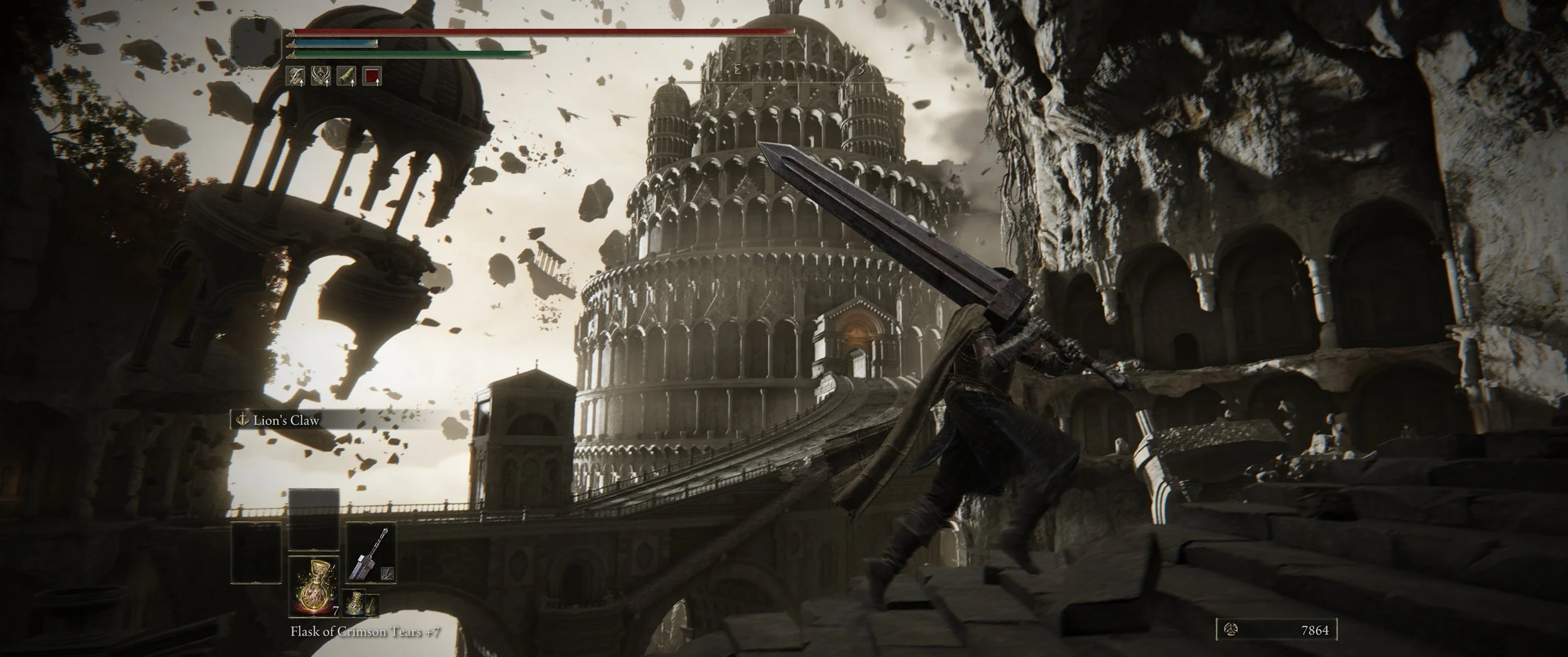 Ein Charakter in dunkler Kleidung mit einem großen Schwert in einer zerfallenen antiken Stadt jugendlichen Baustil kämpft gegen fliegende Gegenstände. Im Hintergrund ist die berühmte Architektur des Tempels von Pisa, Italien, zu sehen, die jedoch in 