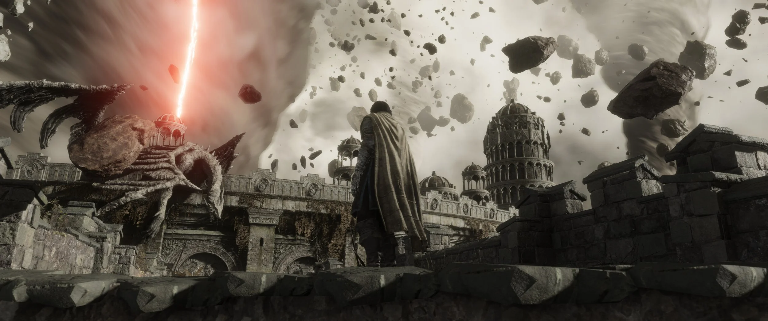 Ein Mann in mittelalterlicher Kleidung blickt auf eine zerfallende, alte Stadt mit großen Wasserfällen und fliegenden Trümmern, während Blitze am Himmel zucken.