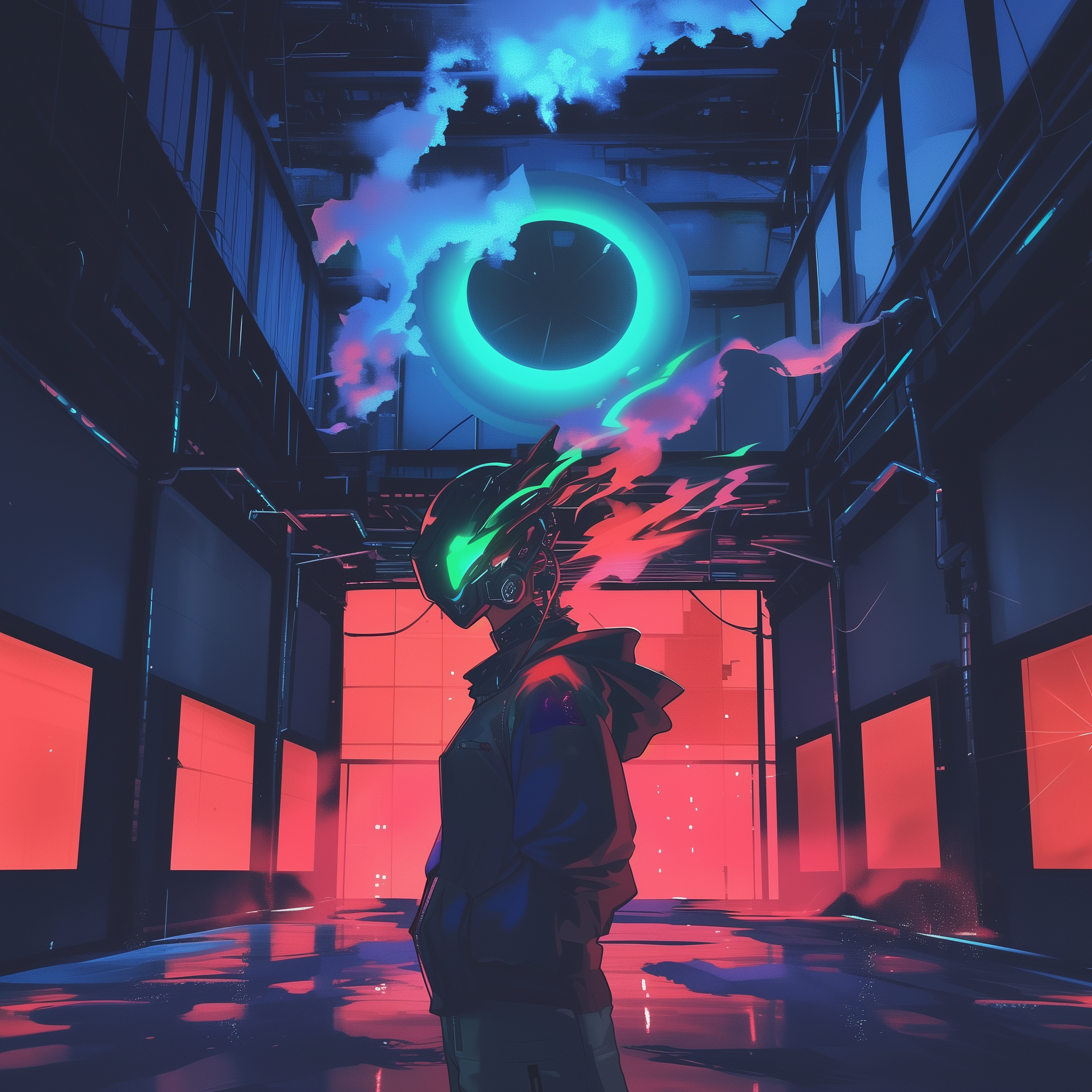 Ein futuristischer Cyberpunk-Charakter trägt einen Neon-helmi mit leuchtenden grünen Akzenten und einem schwarzen Mantel. Er steht in einer dunklen, modernen, industriellen Umgebung mit roten und blauen Neonlichtern, während im Hintergrund ein großer