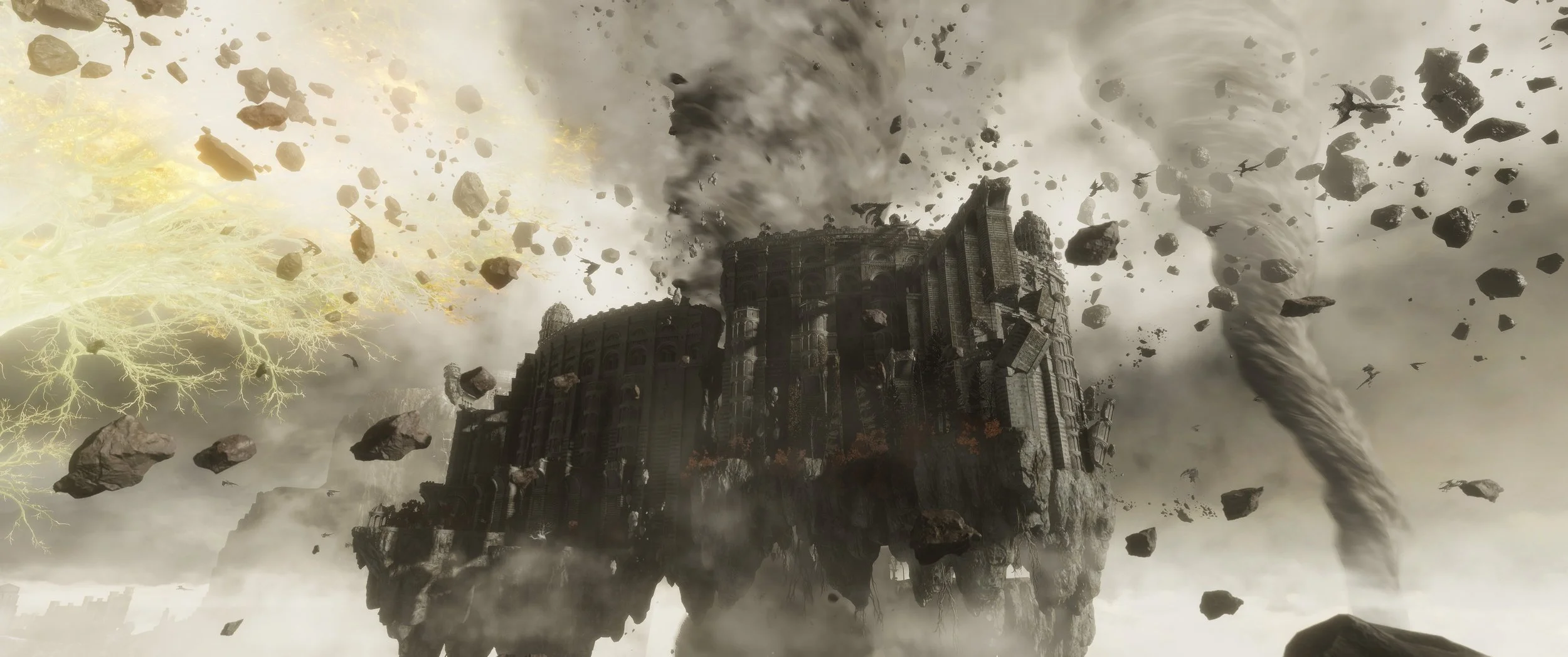 Eine Flughafen auf einer schwebenden Insel im Himmel, umgeben von Felsen und Rauch, mit dunklen Wolken und Blitzen im Hintergrund.