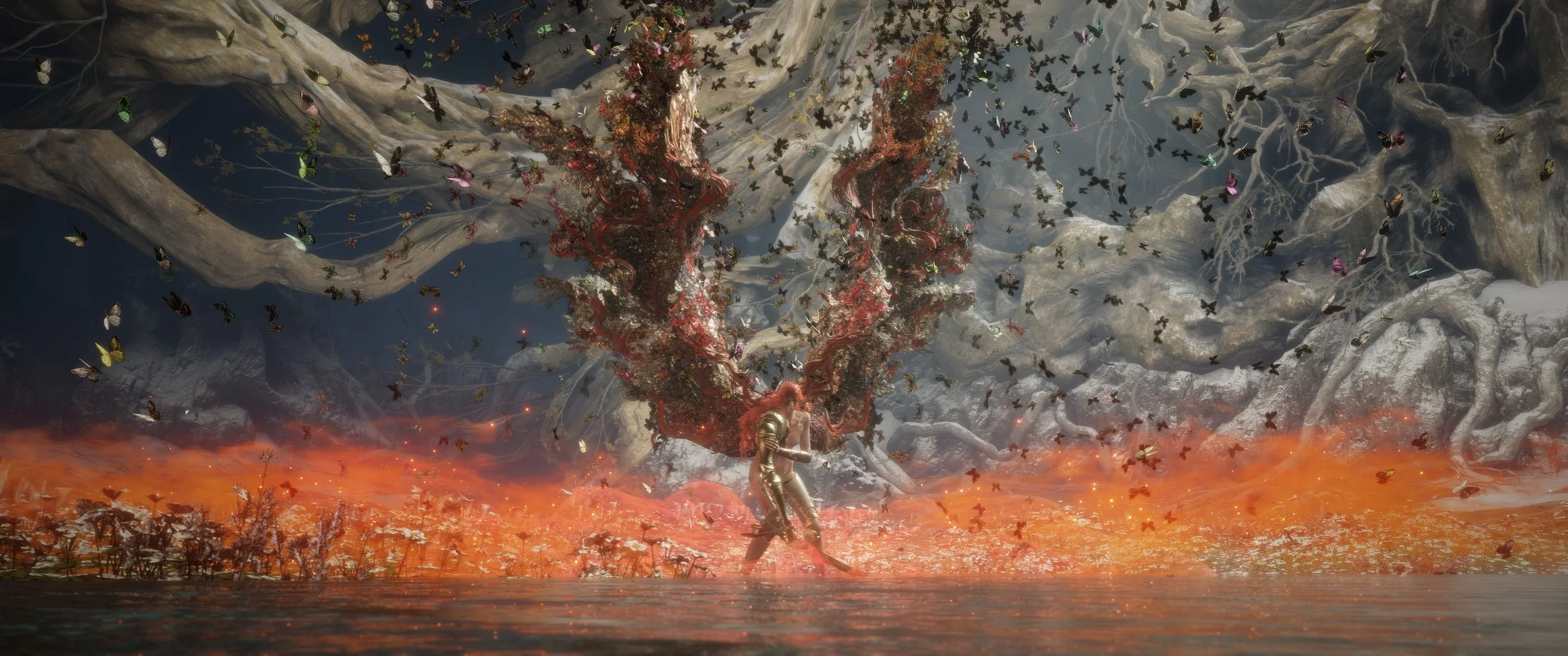 Ein futuristischer Fantasy-Szene mit einem metallischen Soldaten und einem großen, verworrenen Baum, der von vielen bunten Schmetterlingen umgeben ist. Der Boden ist brennend orange mit glühender Lavaartige Textur.