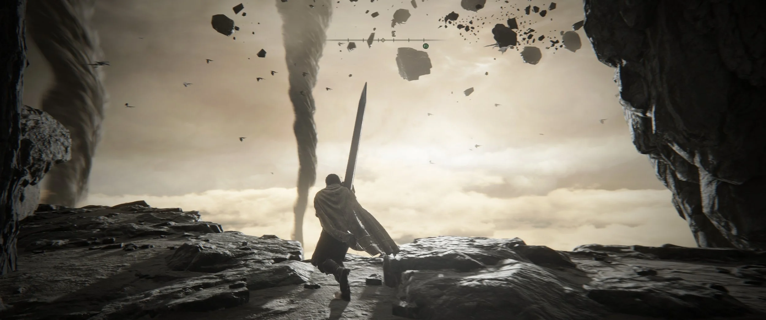 Eine Figur steht auf felsigem Gelände, hält ein großes Schwert und blickt in eine düstere Himmelsszenerie mit schwarzen Rauchschwaden, fallenden Steinen und fliegenden Vögeln.
